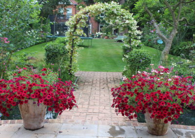 GARDEN CABIN PROJECT arch and petunias